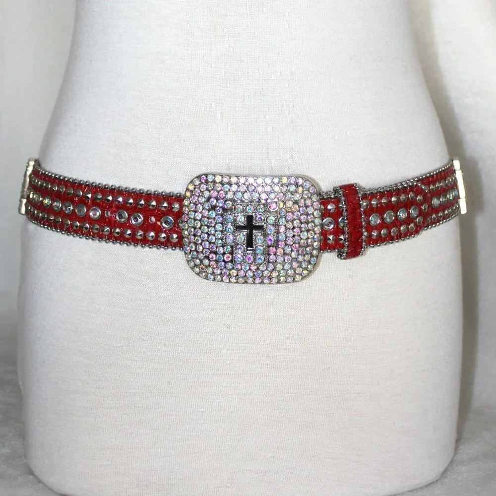 Western Red Bling Cross Belt & Buckle Aurora Borealis AB Crystal Accent ML